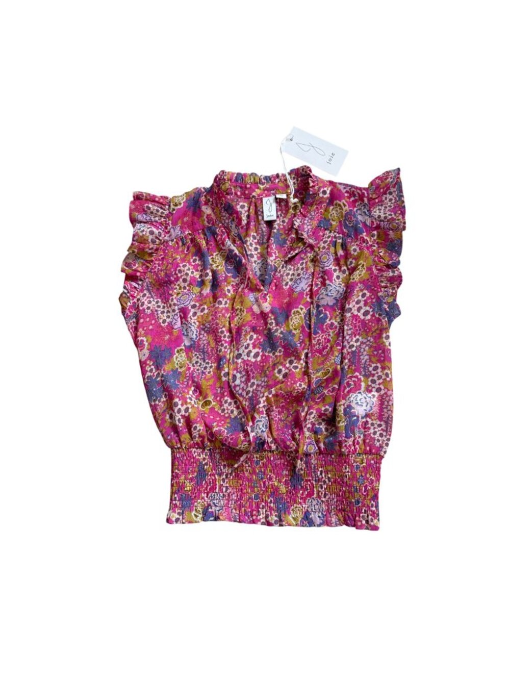Joie Womens Floral Print Flutter Sleeve Blouse Small Pink Yellow Smocked Hem New